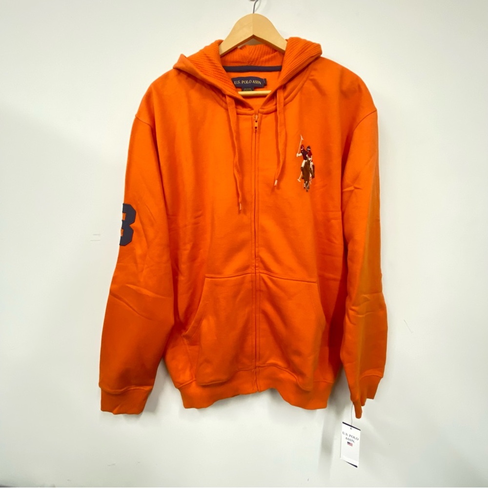 U.S. POLO ASSN. Hoodie With Horse Emblem Zip Front, Color Orange, Size Small